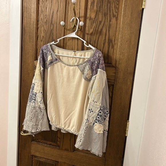 Free People In Pieces Bohemian Patchwork Top Cream and Purple Small - Picture 4 of 12